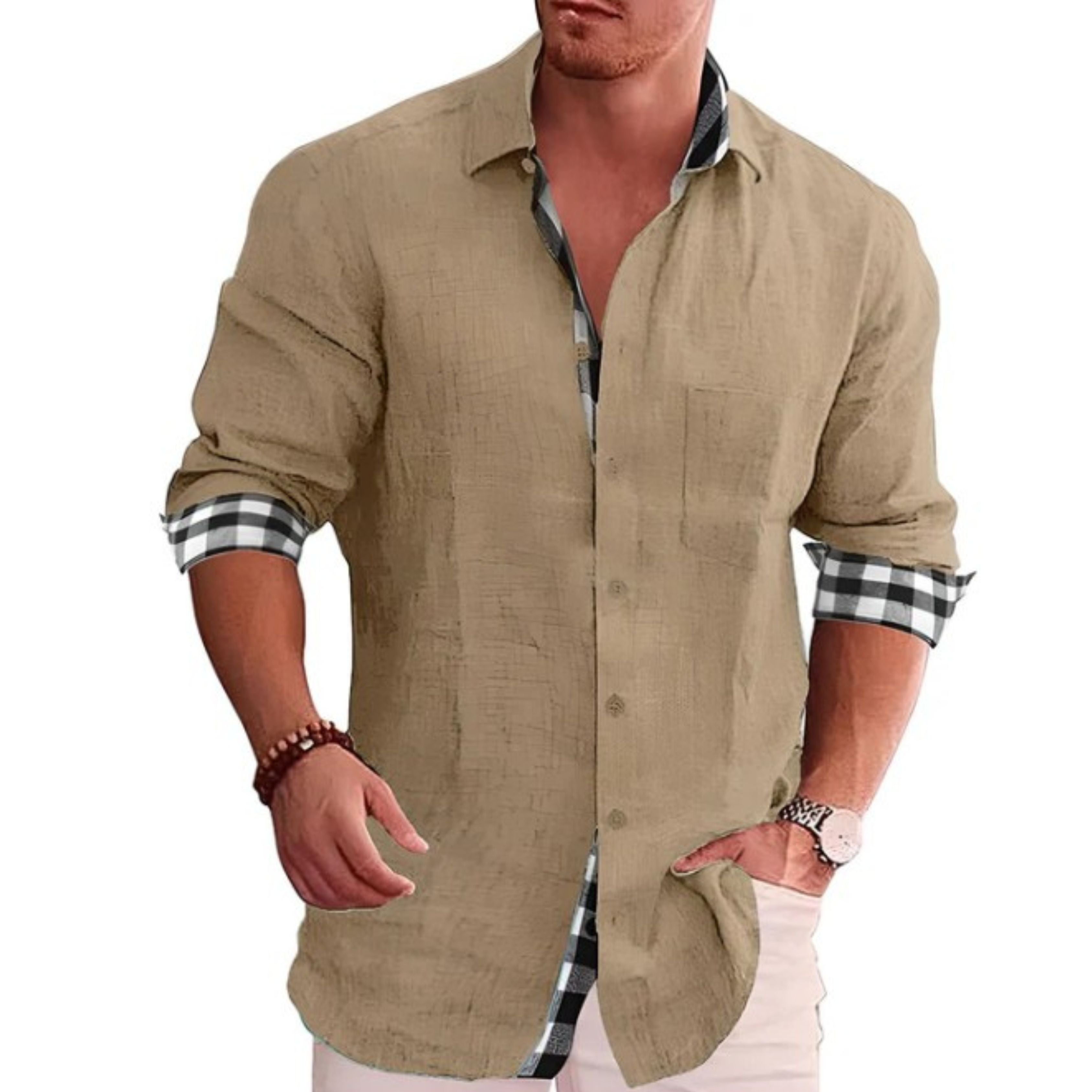 Button-Up Shirt | Long Sleeve | Lightweight | Collared Shirt | Mens Casual Dress Shirts-Men’s button-up shirt-Chaps of London-Brown-S-Chaps of London