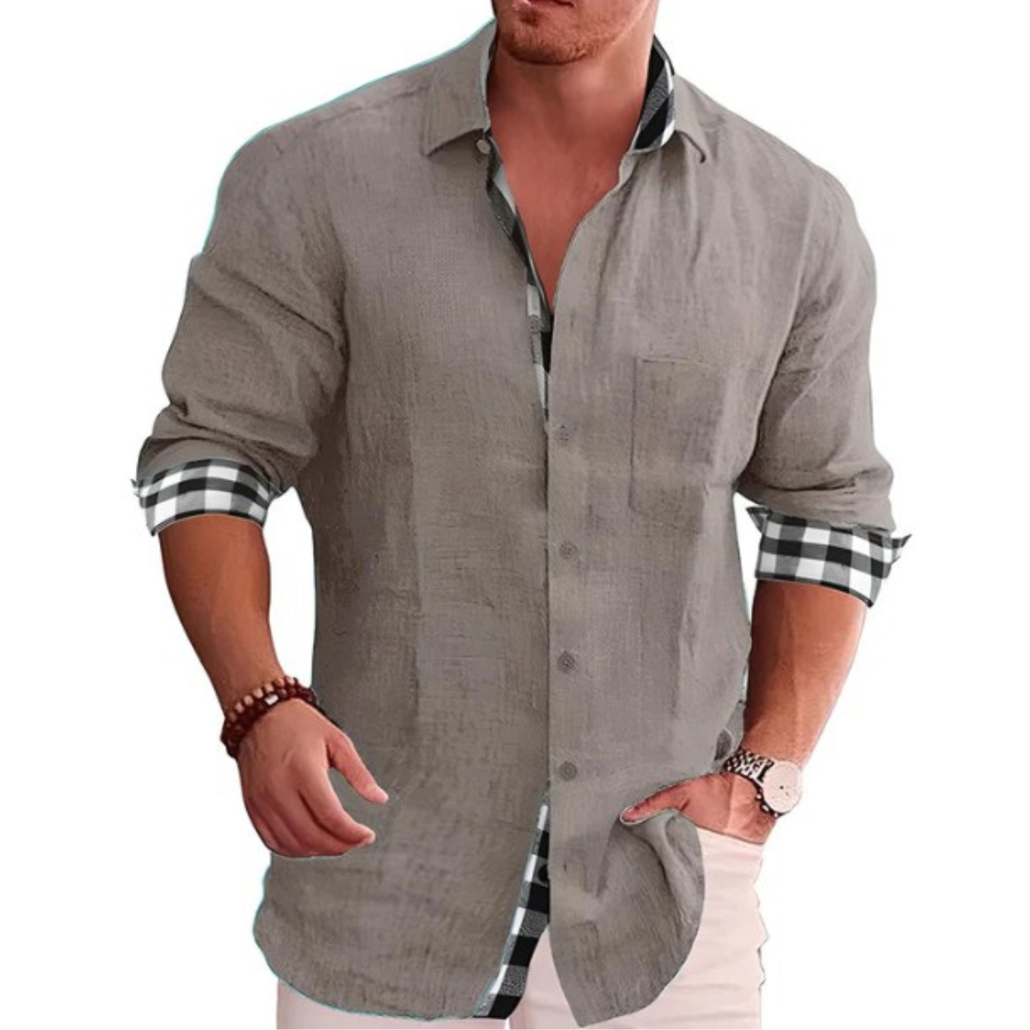 Button-Up Shirt | Long Sleeve | Lightweight | Collared Shirt | Mens Casual Dress Shirts-Men’s button-up shirt-Chaps of London-Gray-S-Chaps of London