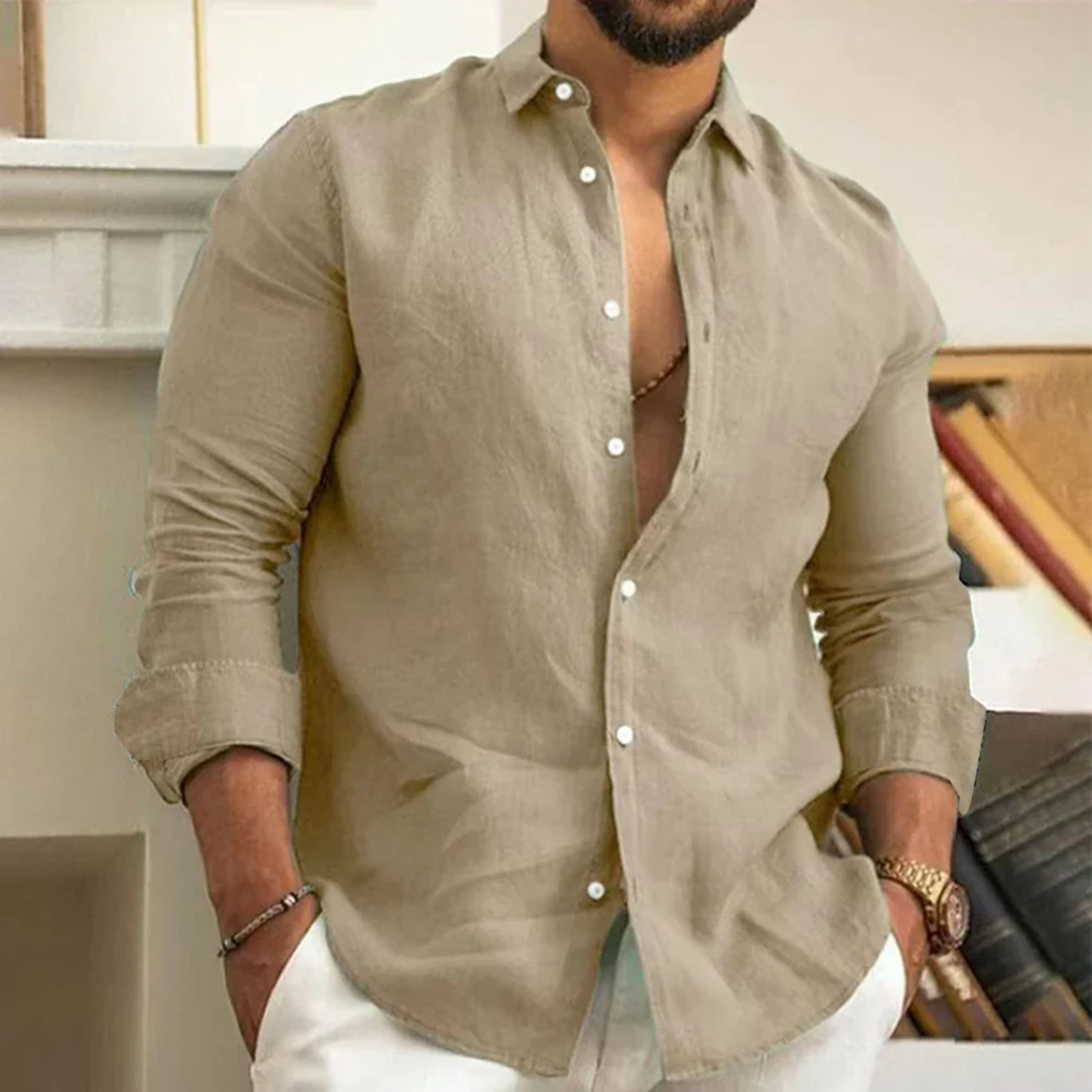 Button-Up Shirt | Long Sleeve | Lightweight | Collared Shirt | Men's Linen Shirt-Long Sleeve Shirt-Chaps of London-Khaki-M-Chaps of London