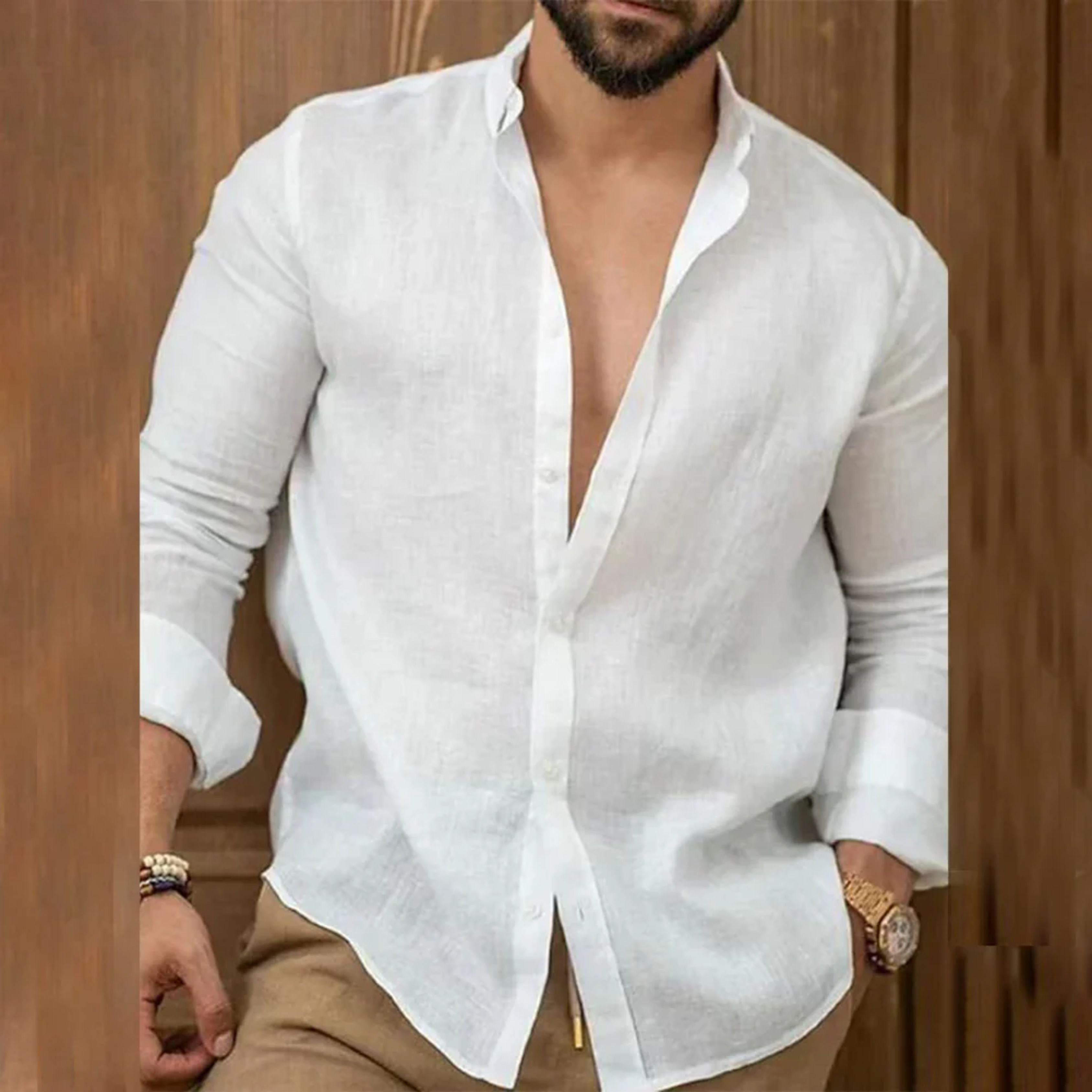 Button-Up Shirt | Long Sleeve | Lightweight | Collared Shirt | Men's Linen Shirt-Long Sleeve Shirt-Chaps of London-White-M-Chaps of London