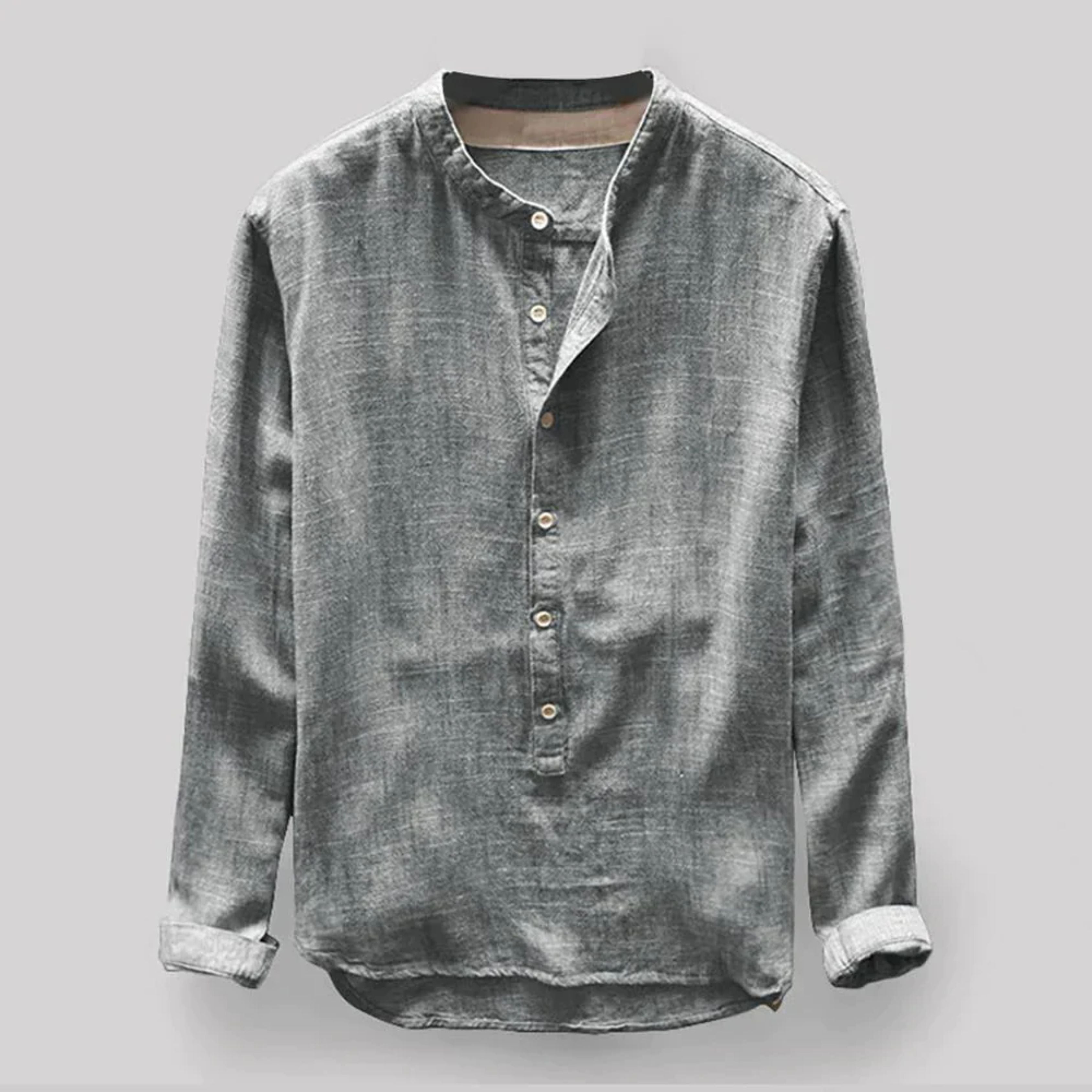 Button-Up Shirt - Long Sleeve - Loose Fit - Henley Shirt - Men's Shirt-Chaps of London-Grey-M-Chaps of London