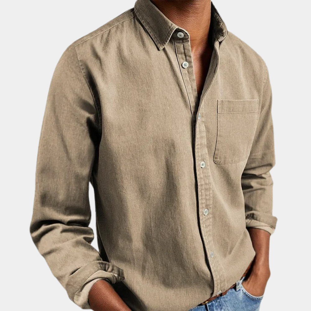 Button-Up Shirt - Men's Casual Long Sleeve Collared Shirt with Breast Pocket-Men Summer Shirt-Chaps of London-Khaki-S-Chaps of London
