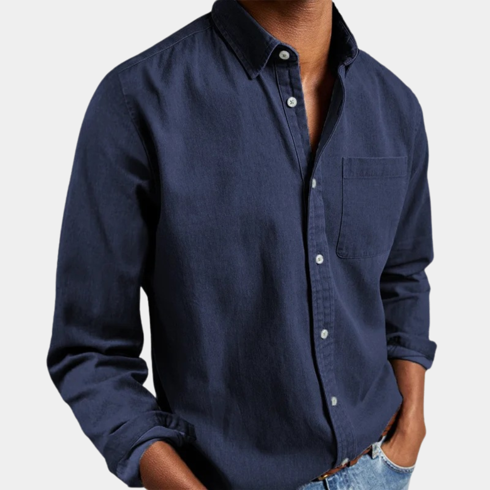 Button-Up Shirt - Men's Casual Long Sleeve Collared Shirt with Breast Pocket-Men Summer Shirt-Chaps of London-Navy Blue-S-Chaps of London