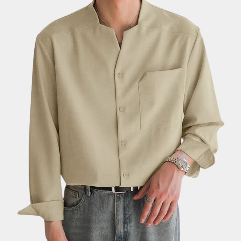 Button-Up Shirt - Men's Casual Loose Fit Long Sleeve Dress Shirt-Chaps of London-Beige-S-Chaps of London