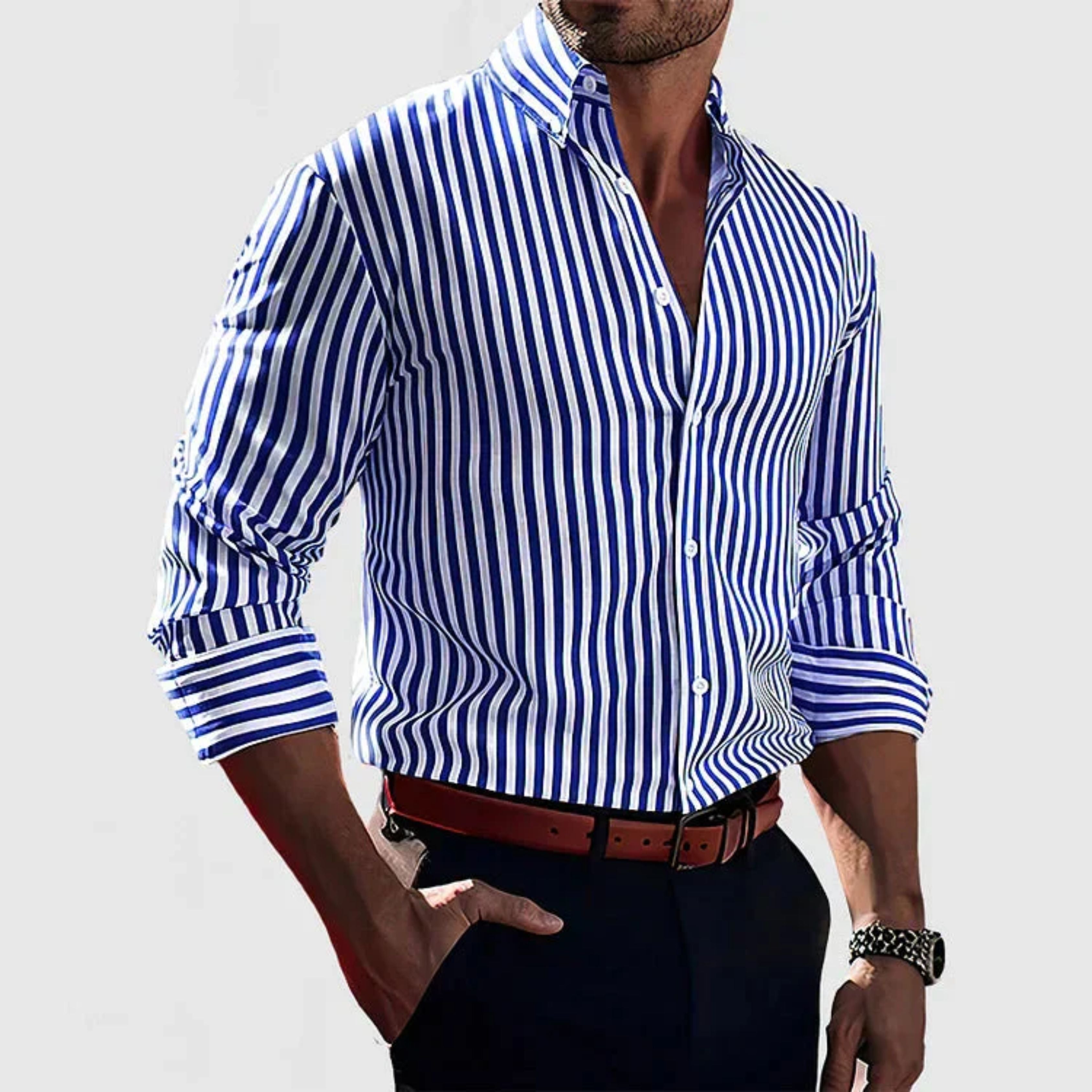 Button-Up Shirt - Men's Collared Striped Long Sleeve Dress Shirt-Long Sleeve Shirt-Chaps of London-Blue-S-Chaps of London