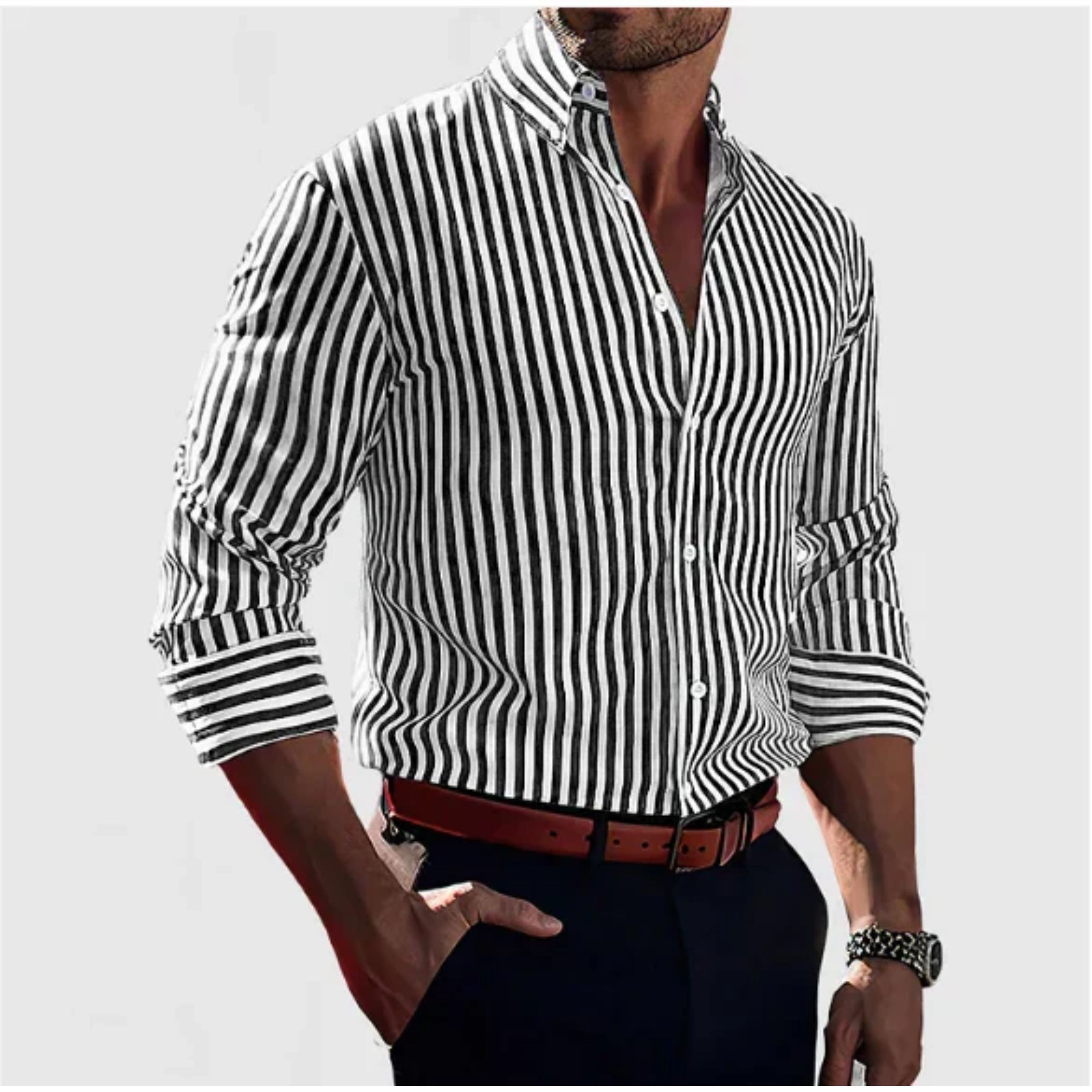 Button-Up Shirt - Men's Collared Striped Long Sleeve Dress Shirt-Long Sleeve Shirt-Chaps of London-Chaps of London