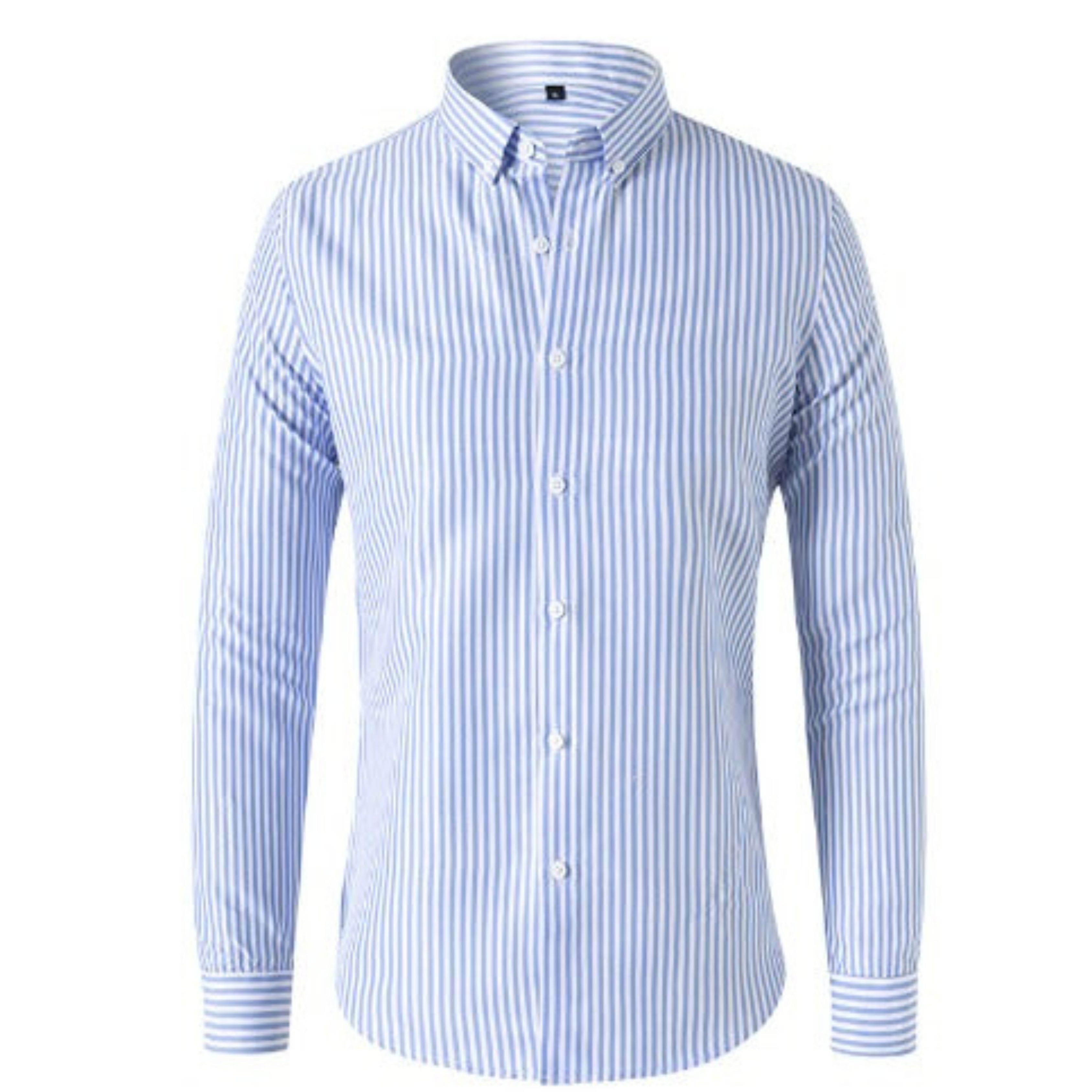 Button-Up Shirt - Men's Collared Striped Long Sleeve Dress Shirt-Long Sleeve Shirt-Chaps of London-Light Blue-S-Chaps of London