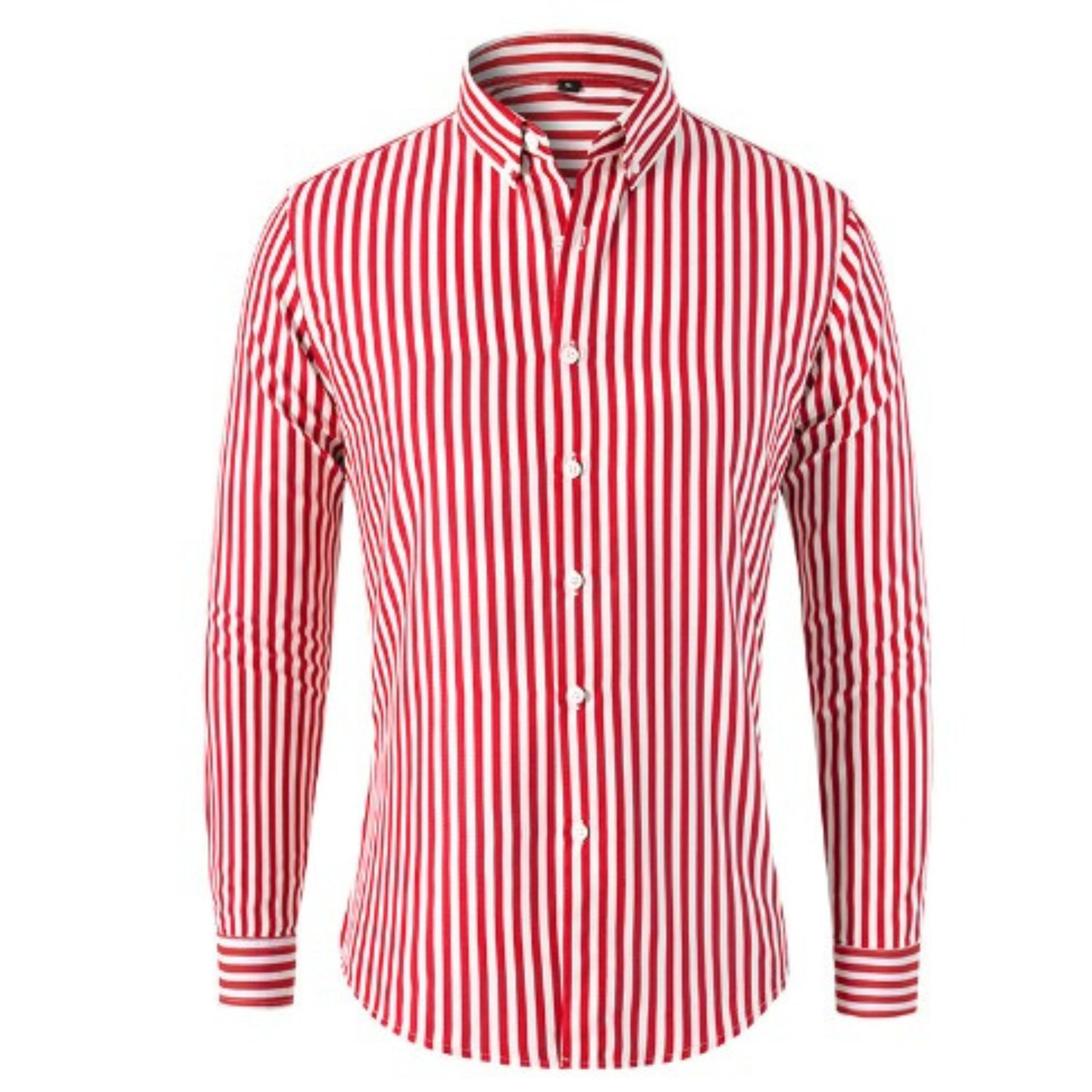 Button-Up Shirt - Men's Collared Striped Long Sleeve Dress Shirt-Long Sleeve Shirt-Chaps of London-Red-S-Chaps of London