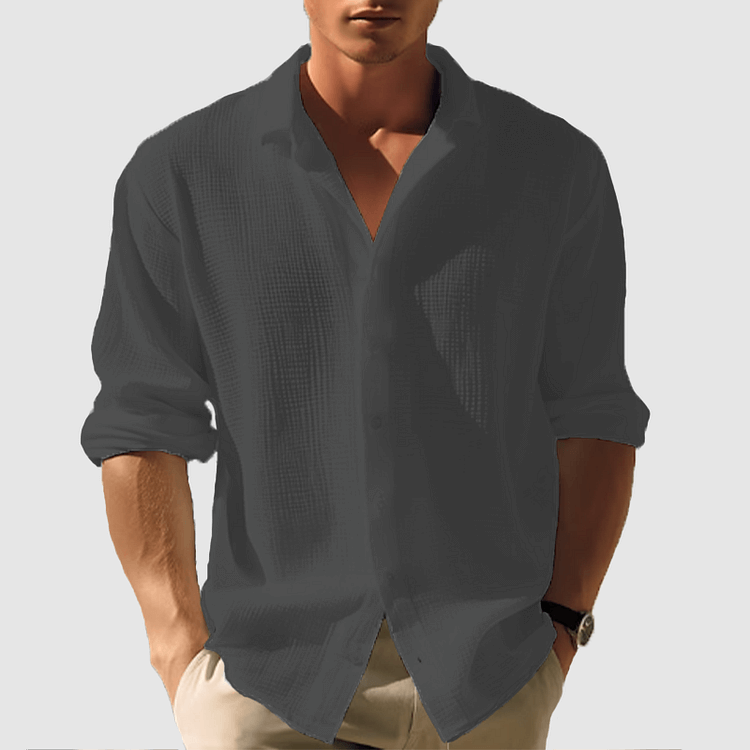 Button-Up Shirt - Men's Lightweight Lapel Long Sleeve Summer Shirt-Chaps of London-Black-S-Chaps of London