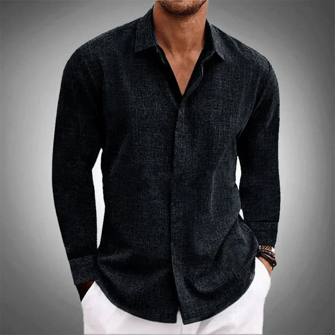 Button-Up Shirt - Men's Long Sleeve Collared Cotton Linen Shirt-Shirt-Chaps of London-Black-XS-Chaps of London