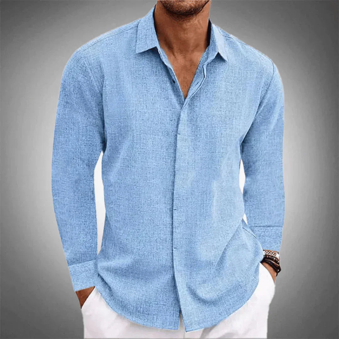 Button-Up Shirt - Men's Long Sleeve Collared Cotton Linen Shirt-Shirt-Chaps of London-Blue-XS-Chaps of London