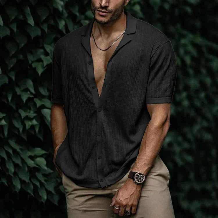 Button-Up Short Sleeve Shirt | Lightweight | Loose Fit | Polo Shirt | Men's Shirts-Men's Top-Chaps of London-Black-S-Chaps of London