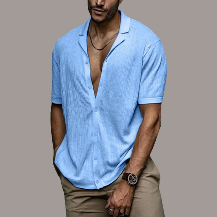 Button-Up Short Sleeve Shirt | Lightweight | Loose Fit | Polo Shirt | Men's Shirts-Men's Top-Chaps of London-Blue-S-Chaps of London