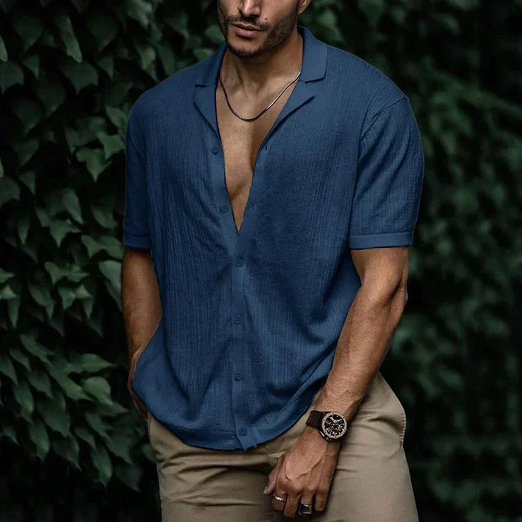 Button-Up Short Sleeve Shirt | Lightweight | Loose Fit | Polo Shirt | Men's Shirts-Men's Top-Chaps of London-Marine blue-S-Chaps of London