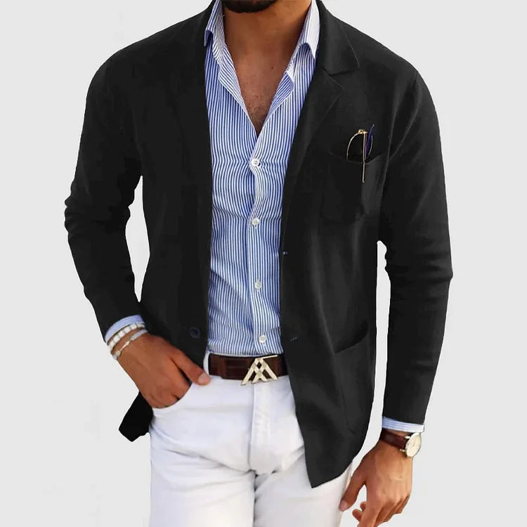 Cardigan - Men's Long Sleeve Knit Button Down Cardigan with Pockets-Blazers-Chaps of London-Black-XS-Chaps of London