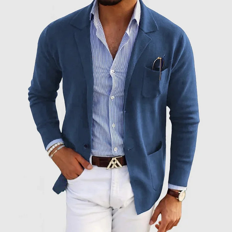 Cardigan - Men's Long Sleeve Knit Button Down Cardigan with Pockets-Blazers-Chaps of London-Blue-XS-Chaps of London