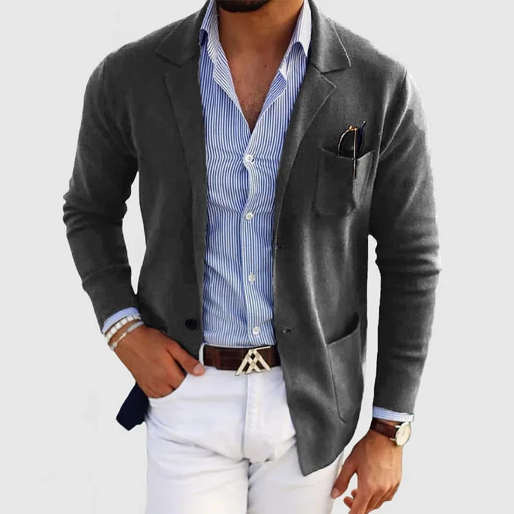 Cardigan - Men's Long Sleeve Knit Button Down Cardigan with Pockets-Blazers-Chaps of London-Dark Gray-XS-Chaps of London