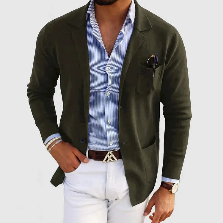 Cardigan - Men's Long Sleeve Knit Button Down Cardigan with Pockets-Blazers-Chaps of London-Dark Green-XS-Chaps of London