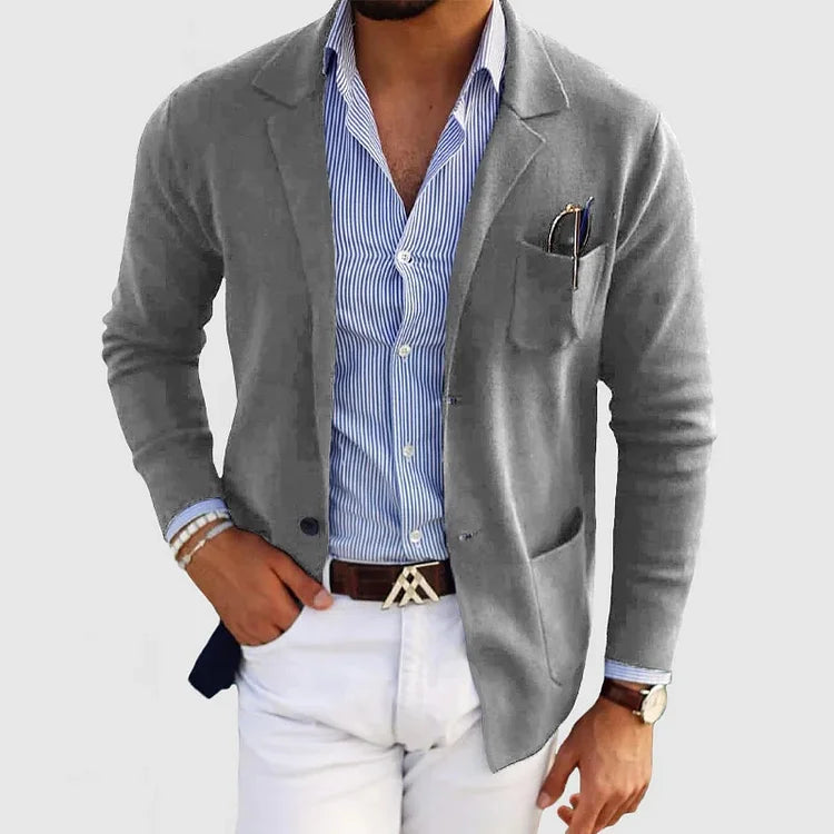 Cardigan - Men's Long Sleeve Knit Button Down Cardigan with Pockets-Blazers-Chaps of London-Gray-XS-Chaps of London