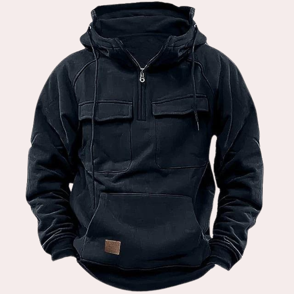 Cargo Hoodie - Half Zip - Pockets - Pullover Hoodie - Men's Hoodie-Chaps of London-Black-S-Chaps of London
