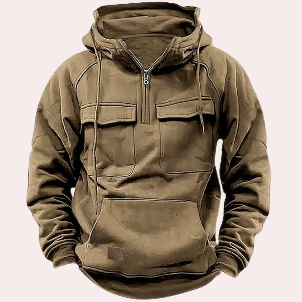 Cargo Hoodie - Half Zip - Pockets - Pullover Hoodie - Men's Hoodie-Chaps of London-Khaki-S-Chaps of London
