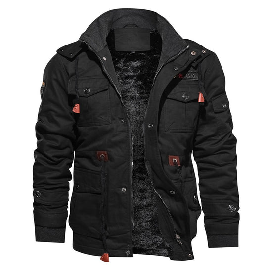 Cargo Jacket - Men's Casual Hooded Fleece Lined Jacket-Men's Cargo Jacket-Chaps of London-Black-M-Chaps of London