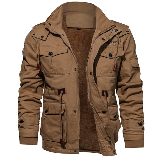 Cargo Jacket - Men's Casual Hooded Fleece Lined Jacket-Men's Cargo Jacket-Chaps of London-Khaki-M-Chaps of London