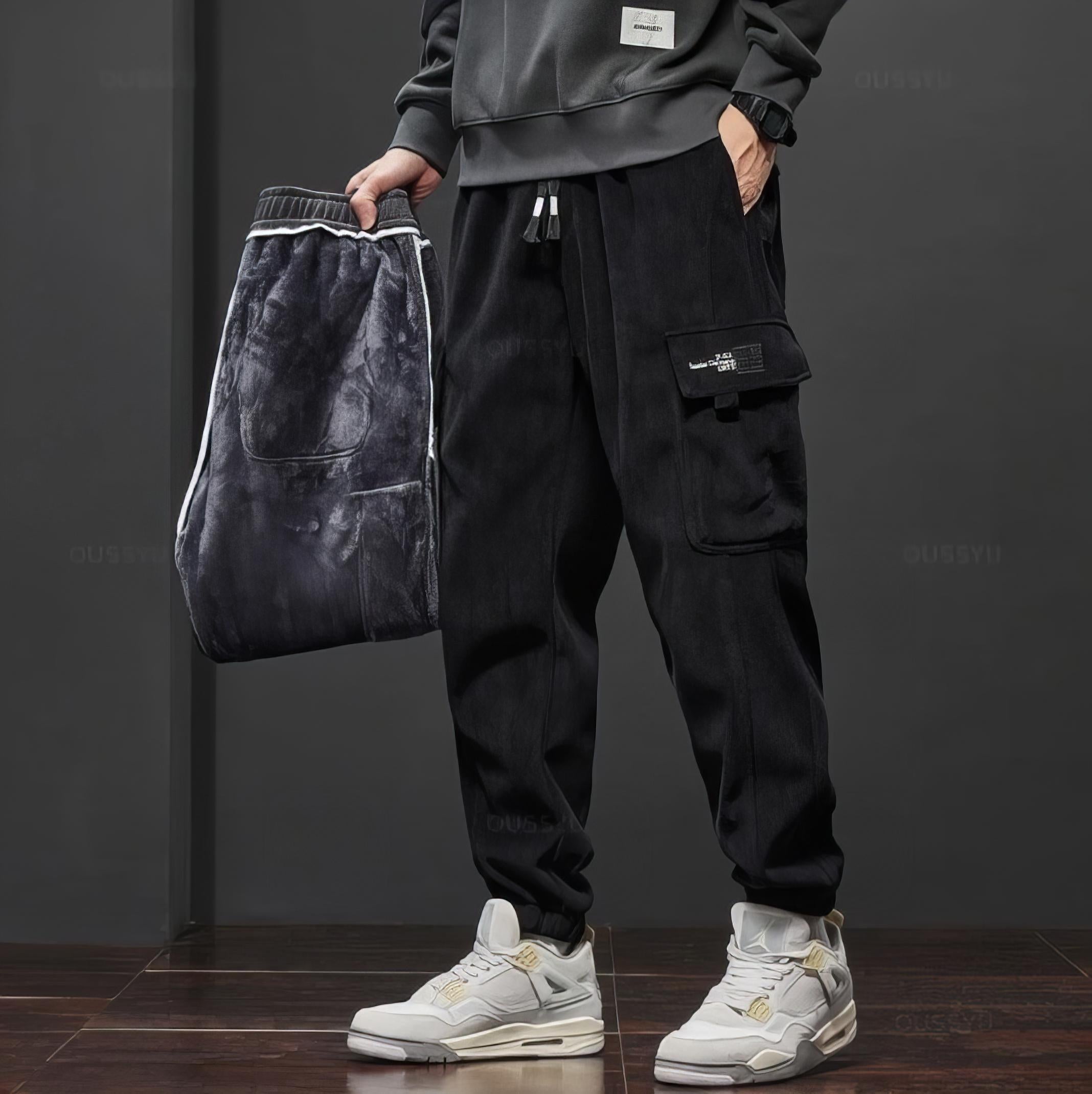 Cargo Pants - Velvet - Loose Fit - Cargo Joggers - Men's Pants-Chaps of London-Black-S-Chaps of London