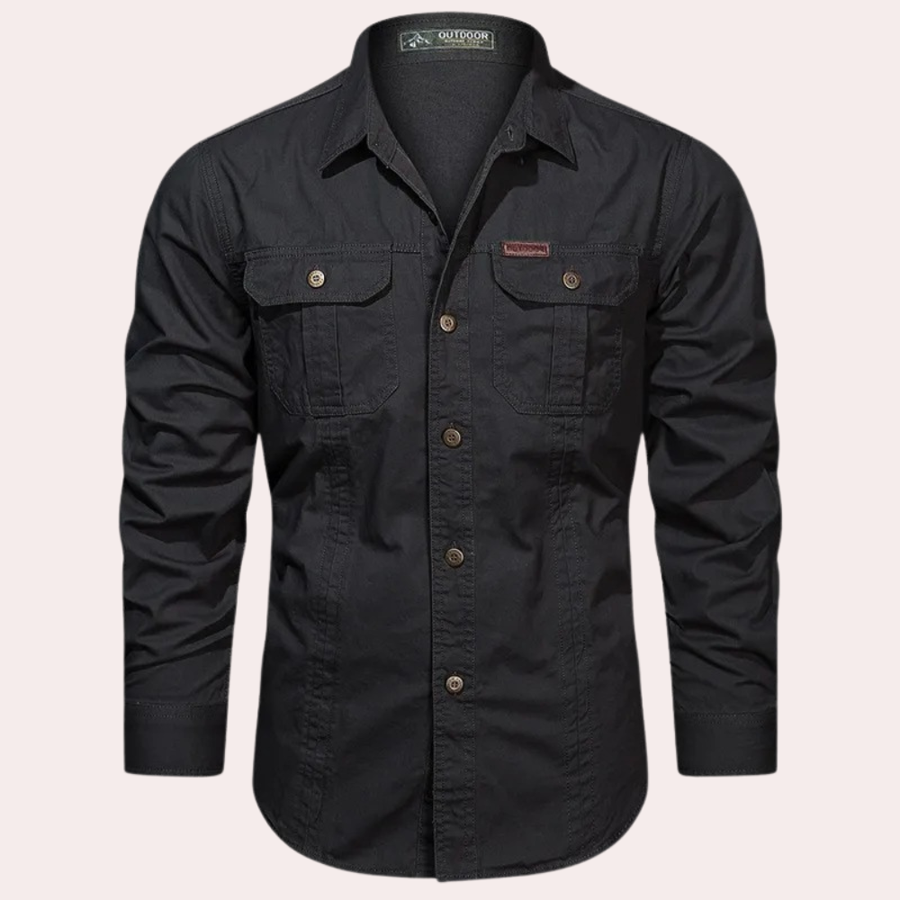Cargo Shirt - Casual - Button-Up - Long Sleeve Shirt - Men's Shirt-Fashion Men Shirt Utility All-year-Chaps of London-Black-M-Chaps of London