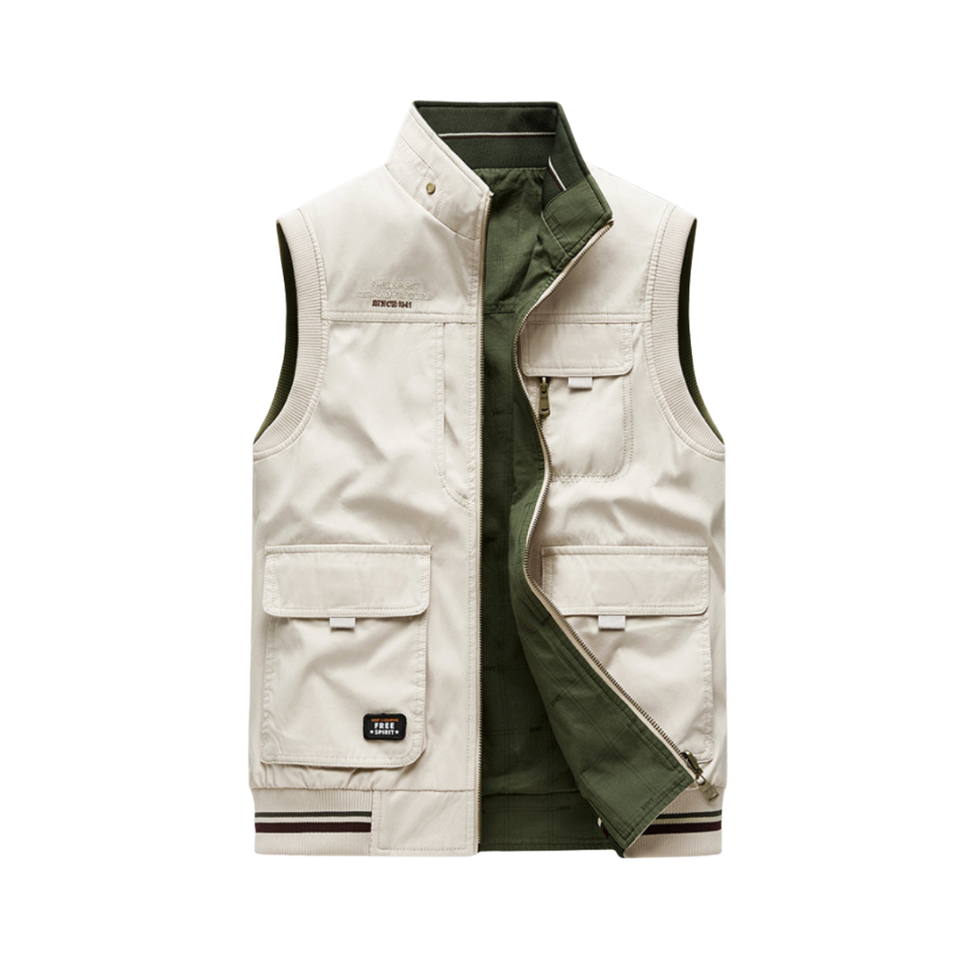 Cargo Vest | Sleeveless | Pockets | Work Vest | Men's Gilet-Men’s Cargo Vest-Chaps of London-Green-Beige-M-Chaps of London