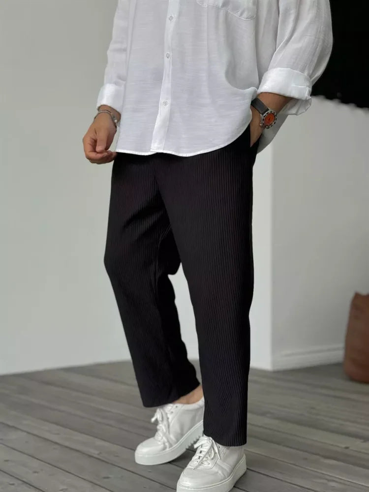 Casual Pants | Ribbed | Elastic Waist | Straight Leg Pants | Men's Pants-Pants-Chaps of London-Black-S-Chaps of London