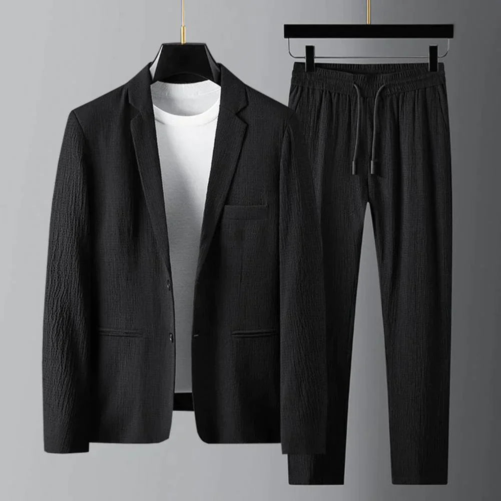 Casual Suit | Lightweight | Drawstring | Trouser and Blazer Set | Men's Two-Piece Set-Blazers-Chaps of London-Black-M-Chaps of London