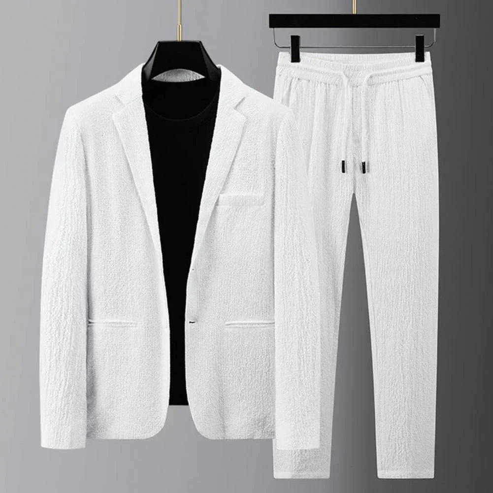 Casual Suit | Lightweight | Drawstring | Trouser and Blazer Set | Men's Two-Piece Set-Blazers-Chaps of London-White-M-Chaps of London