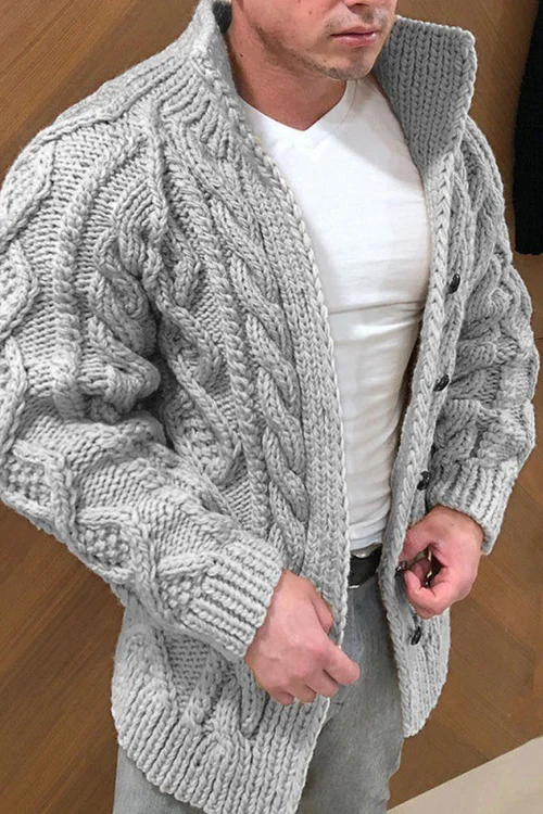 Chunky Cardigan | Warm | Cable Knit | Knitted Cardigan | Men's Cardigan -Chaps of London-Grey-M-Chaps of London
