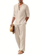 Co-Ord Set - Men's Lightweight Long Sleeve Linen Two-Piece Set for Summer-Men Set-Chaps of London-Beige-S-Chaps of London