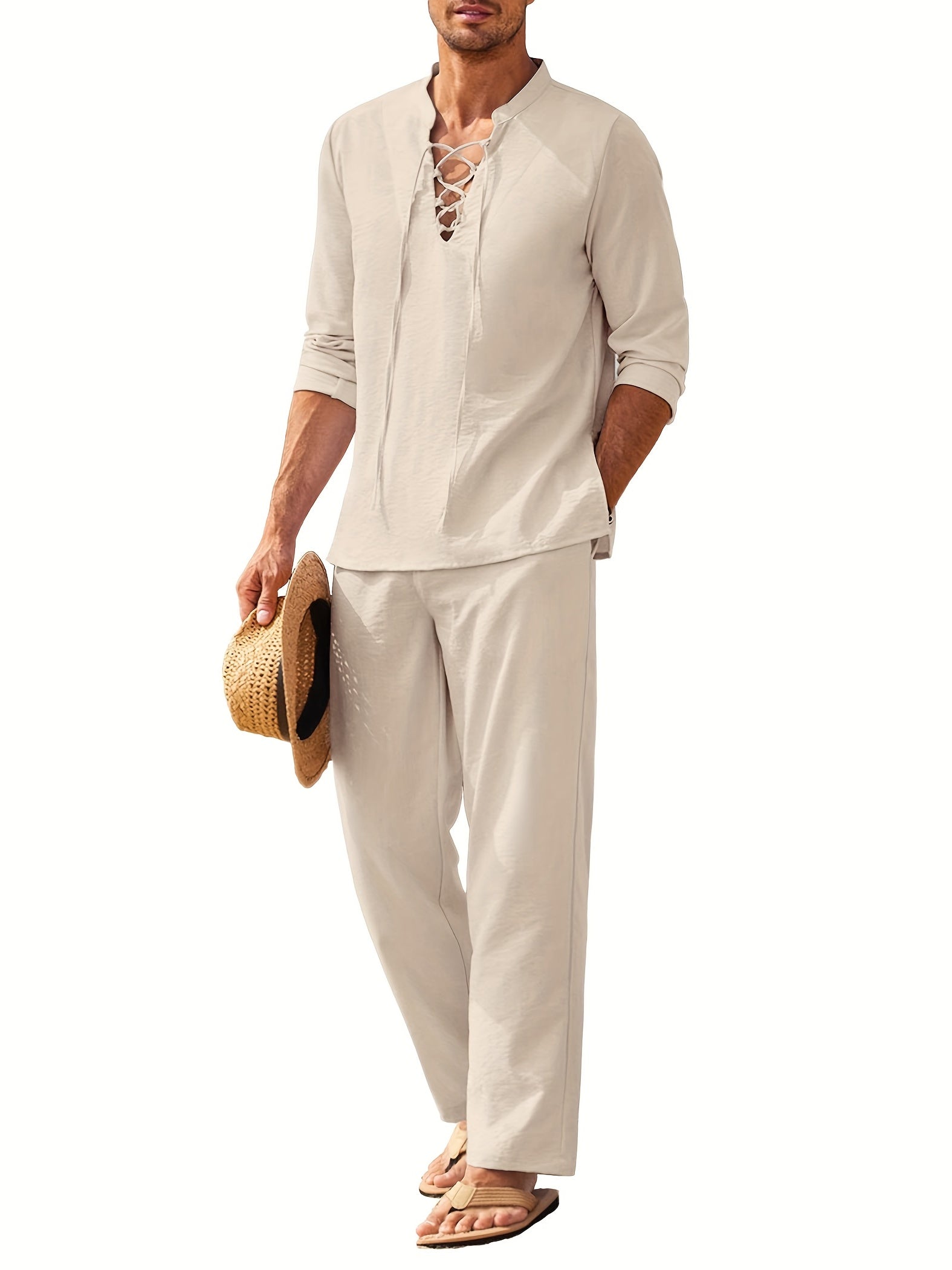 Co-Ord Set - Men's Lightweight Long Sleeve Linen Two-Piece Set for Summer-Men Set-Chaps of London-Beige-S-Chaps of London