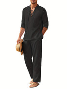 Co-Ord Set - Men's Lightweight Long Sleeve Linen Two-Piece Set for Summer-Men Set-Chaps of London-Black-S-Chaps of London