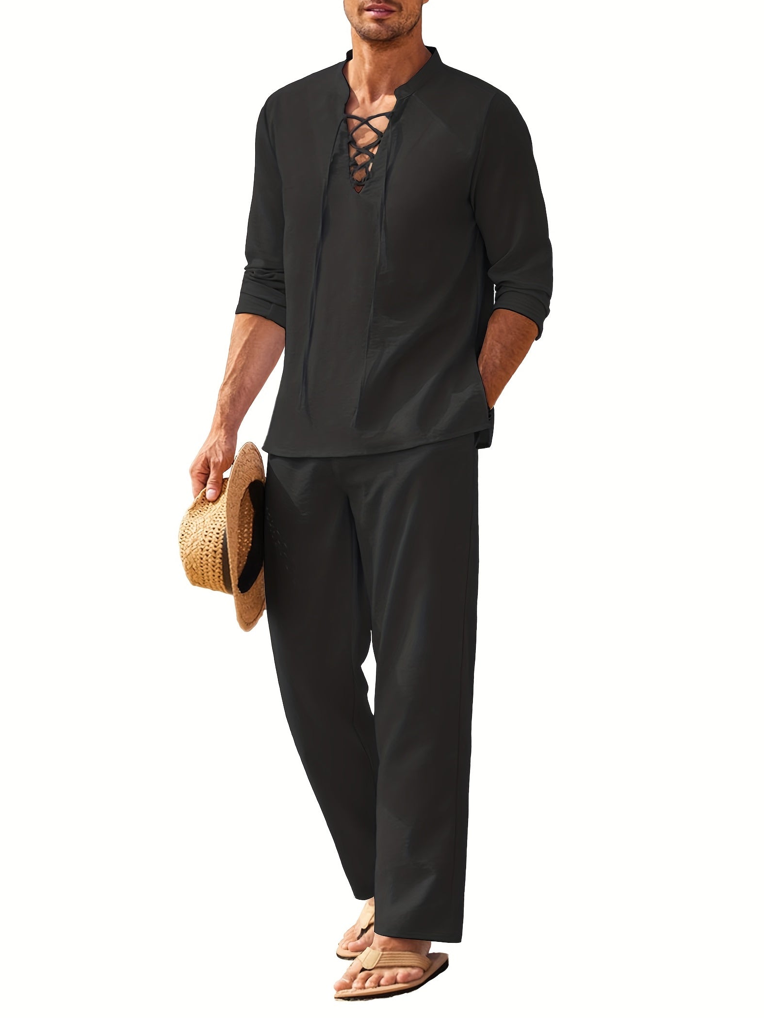 Co-Ord Set - Men's Lightweight Long Sleeve Linen Two-Piece Set for Summer-Men Set-Chaps of London-Black-S-Chaps of London