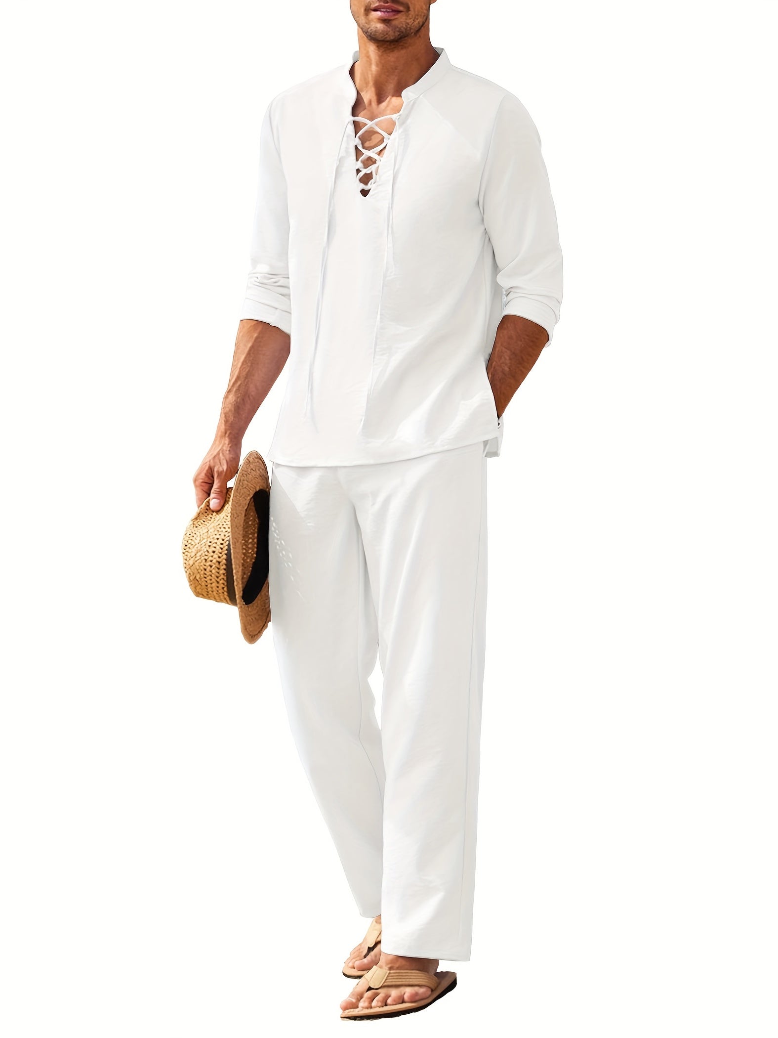 Co-Ord Set - Men's Lightweight Long Sleeve Linen Two-Piece Set for Summer-Men Set-Chaps of London-White-S-Chaps of London