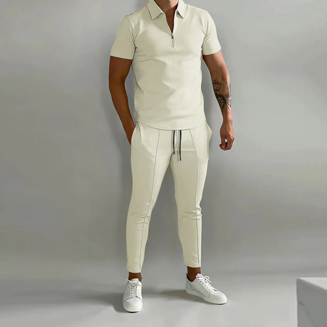Co-Ord Set | Polo T-Shirt | Elastic Waist | Two-Piece Set | Men's Summer Set-Fashion Men Outfit All-year-Chaps of London-Beige-S-Chaps of London