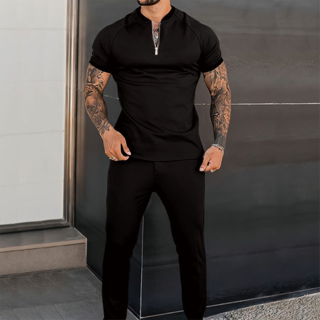 Co-Ord Set - Short Sleeve - Quarter Zip - Two-Piece Set - Men's Clothing-Chaps of London-Black-S-Chaps of London