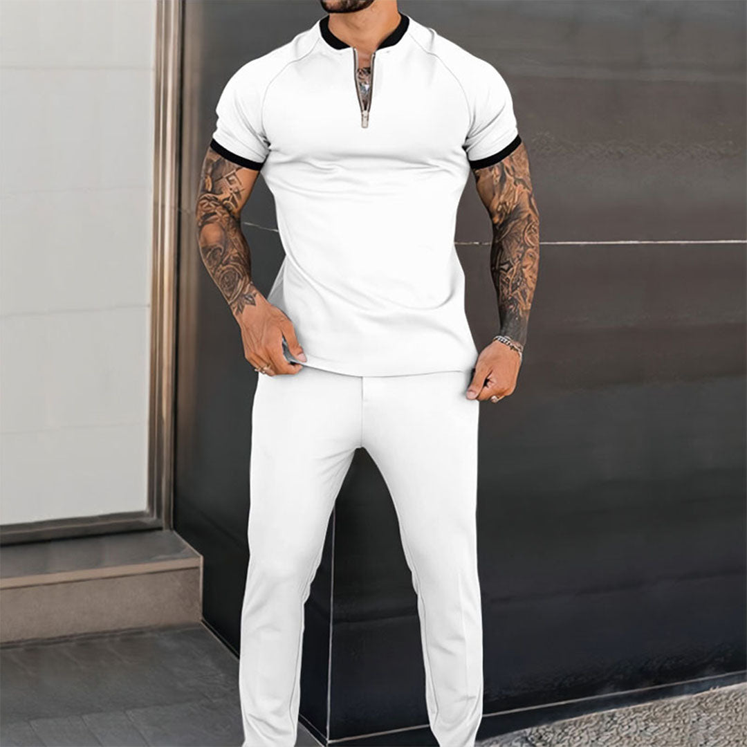 Co-Ord Set - Short Sleeve - Quarter Zip - Two-Piece Set - Men's Clothing-Chaps of London-White-S-Chaps of London