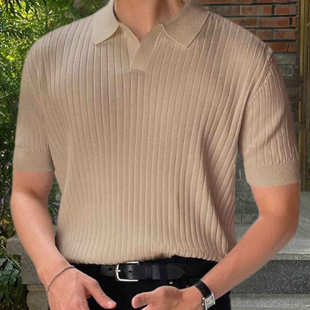 Collared Shirt - Short Sleeve - V-Neck - Knitted Polo Shirt - Men's Polo Shirts-Chaps of London-Apricot-M-Chaps of London