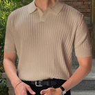 Collared Shirt - Short Sleeve - V-Neck - Knitted Polo Shirt - Men's Polo Shirts-Chaps of London-Apricot-M-Chaps of London