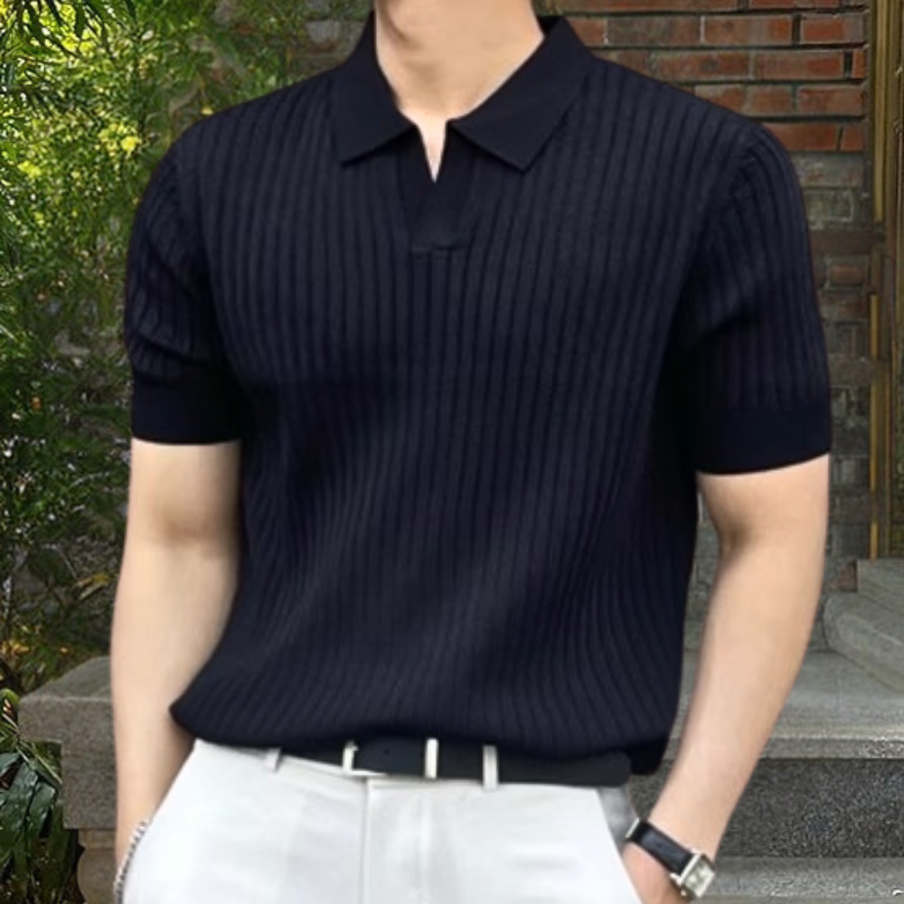 Collared Shirt - Short Sleeve - V-Neck - Knitted Polo Shirt - Men's Polo Shirts-Chaps of London-Black-M-Chaps of London