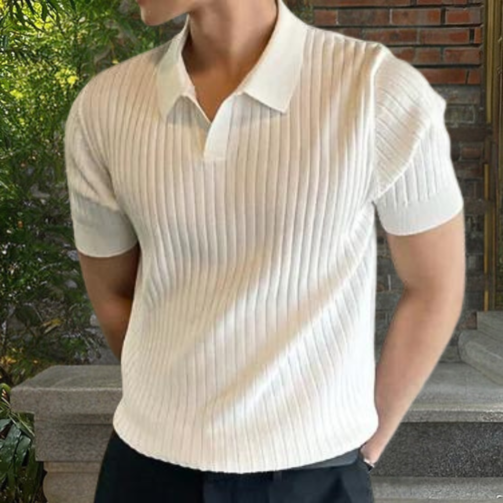 Collared Shirt - Short Sleeve - V-Neck - Knitted Polo Shirt - Men's Polo Shirts-Chaps of London-White-M-Chaps of London