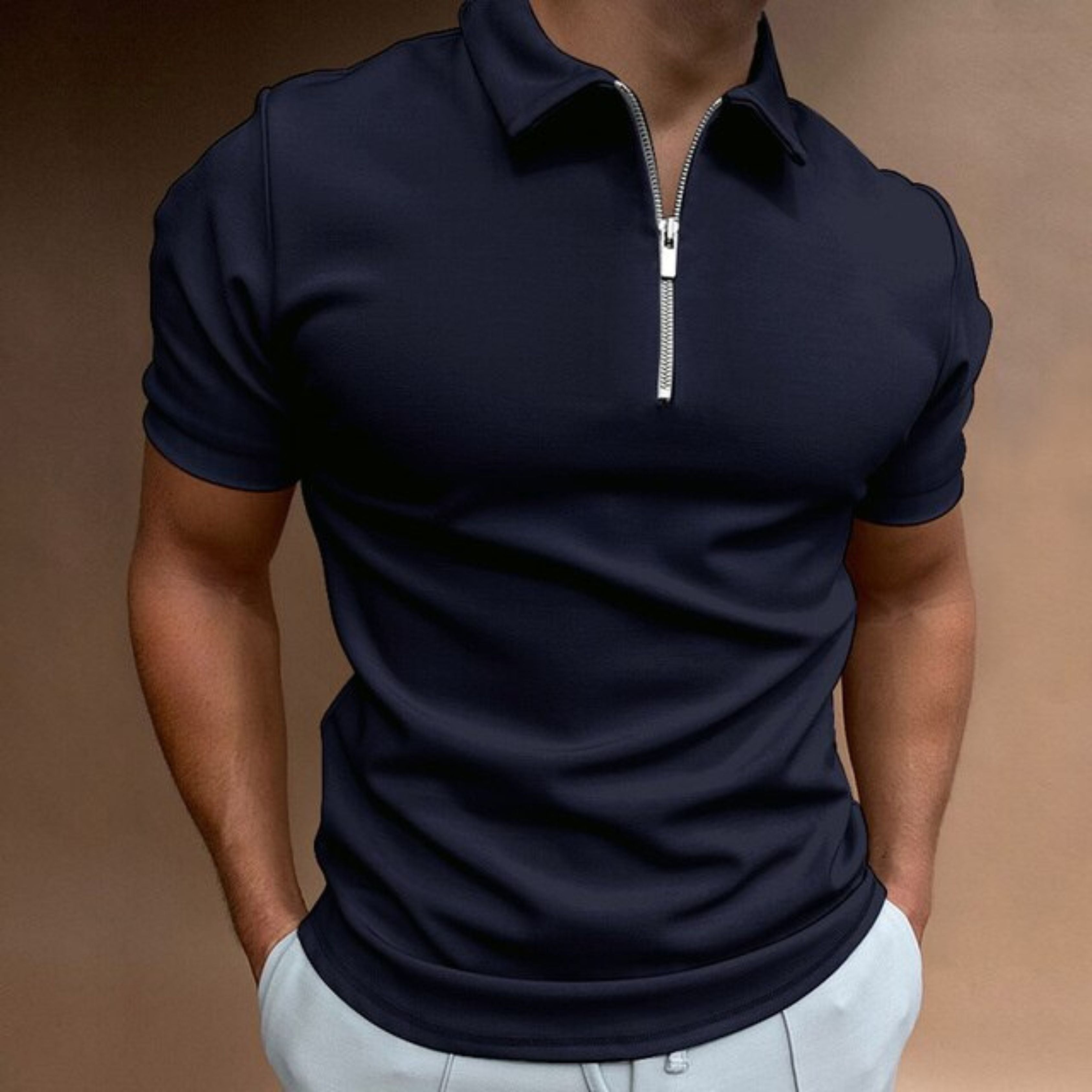Collared T-Shirt | Quarter Zip | Short Sleeve | Zipped Polo Shirt | Men's Polo Shirts-Polo Shirt-Chaps of London-Navy Blue-S-Chaps of London