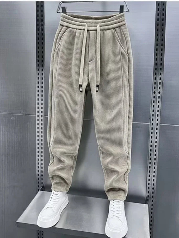Corduroy Pants - Men's Elastic Waist Loose Fit Baggy Cord Pants-Men's Corduroy Trousers-Chaps of London-Khaki-S-Chaps of London