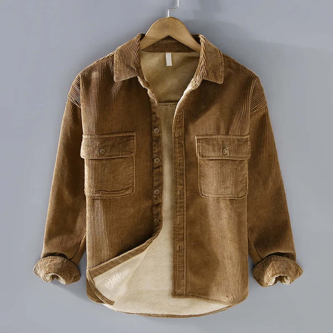 Corduroy Shirt | Fleece Lined | Button-Up | Winter Overshirt | Men's Overshirt-Chaps of London-Khaki-M-Chaps of London