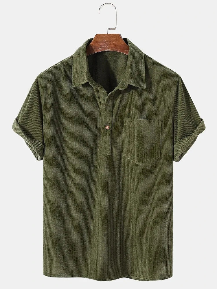 Corduroy Shirt - Short Sleeve - Loose Fit - Polo Shirt - Men's Shirts-Chaps of London-Army Green-S-Chaps of London